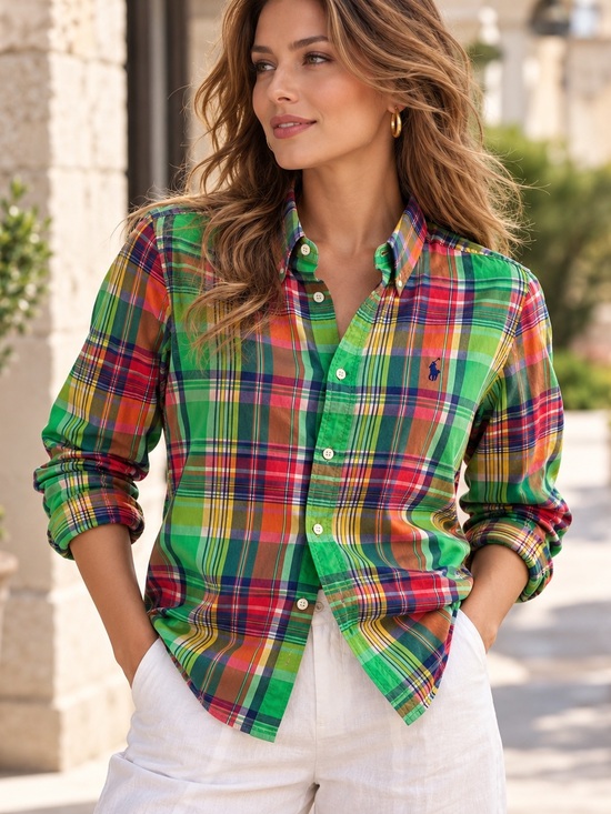 Ralph Lauren Tops - Ralph Lauren Sport Womens Plaid Button Down Shirt Size 14 Green Madras Cotton